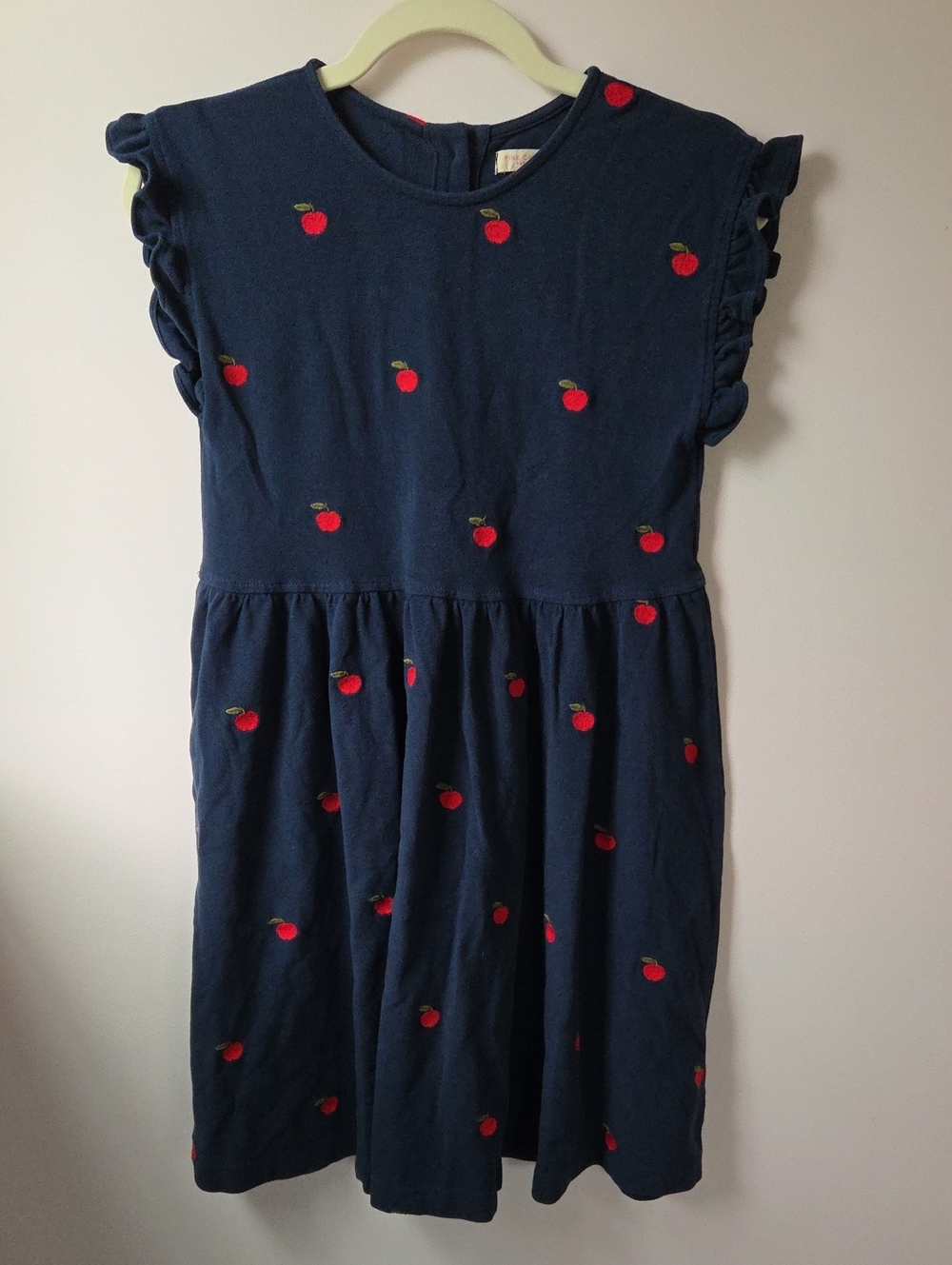 Pink Chicken Navy Dress with Embroidered Red Apple Motif